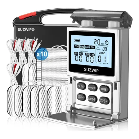 Electrodos Electroestimulador 60 Modos 4 Canales Suzwip Tens/ems Electroestimulación Muscular Personalizables, 10 Almohadillas, 800mah Batería, Alivio Dolor Relajación Muscular Profesional Multifuncio