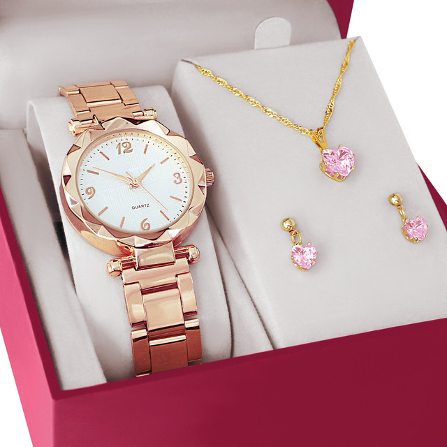 Relógio Feminino + Kit Colar Brincos Folheado Ouro 18k Relógio Feminino + Kit Colar Brincos Folheado Ouro 18k