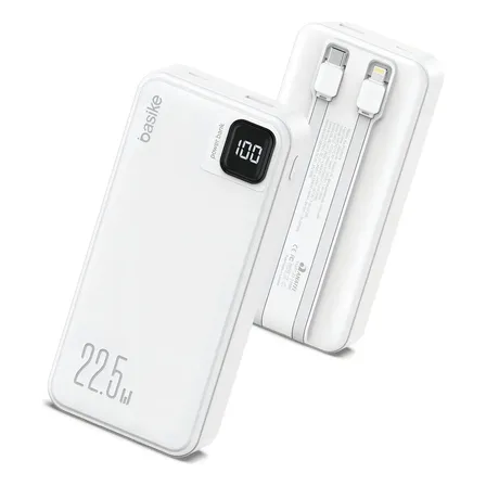 Power Bank Basike 20000mah Portátil - Carga Rápida 22.5w, Cabos Embutidos Usb-c, Display Digital, Leve E Compacto, Compatível Com iPhone, Samsung - Essencial Para Viagens - Cor: Branco