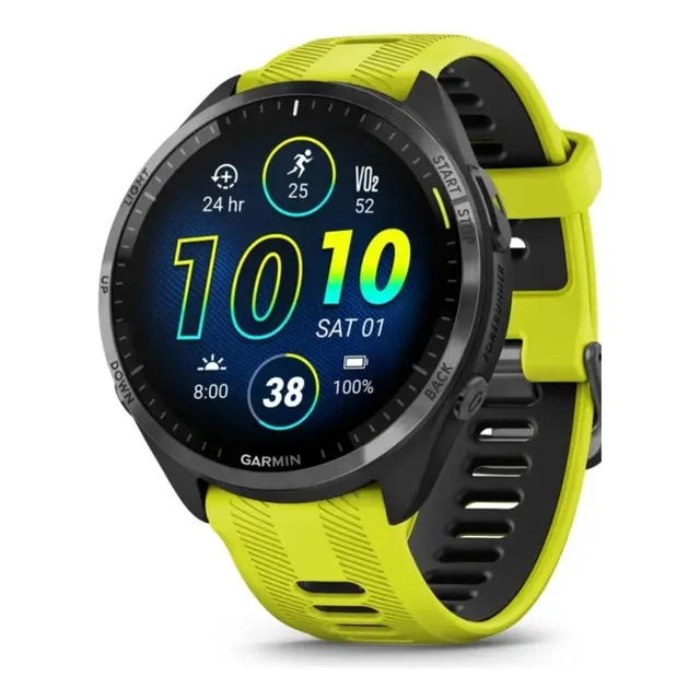 Reloj Garmin Forerunner 965 negro y amarillo, pantalla AMOLED, bisel plateado