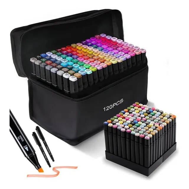 Plumones Doble Punta Pincel 120 Colores Con Base, Juego De Marcadores
