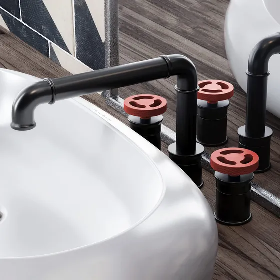 Grifo Baño 8  Rueda 2 Asa Color Negro Mate Roja