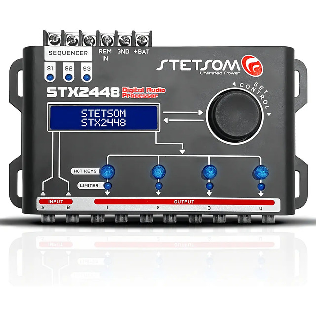Processador de Áudio Digital Automotivo Stetsom STX2448 com Crossover e Equalizador Processador de Áudio Digital Automotivo Stetsom STX2448 com Crossover e Equalizador