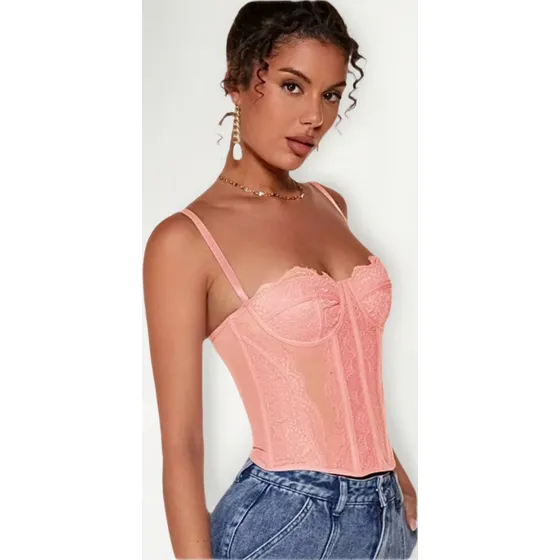 Top Corset Encaje Varillas Bretel Regulable Para Mujer