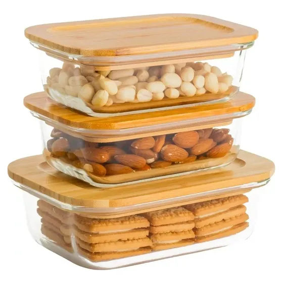 Set De 3 Recipientes Hermeticos De Vidrio Con Tapa Bambu