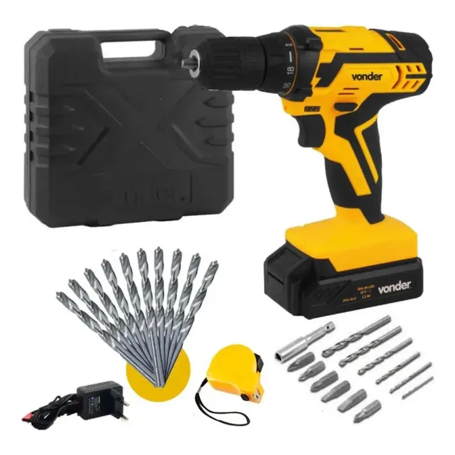 Furadeira Parafusadeira Com Kit Brocas, Bits E Trena Vonder Amarelo...