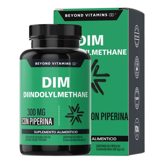 Beyond Vitamins | Dim Suplemento 300 Mg | Diindolilmetano Avanzado + Piperina Al 95% + Calcio | Cápsulas Vegetales Vcaps | 2 Meses