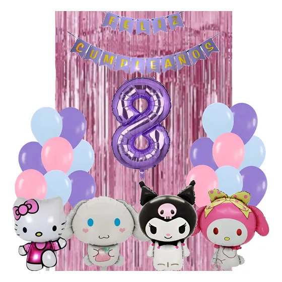 Combo Deco Feliz Cumple Kuromi, Melody, Cinnamoroll Y Kitty