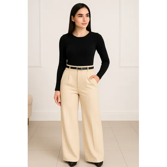 Calça Feminina Pantalona Alfaiataria Cintura Alta Com Cinto