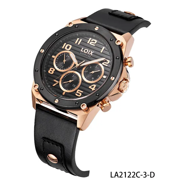 Reloj Hombre La2122c-3 Negro Y Pulso De Cuero, Bisel Negro