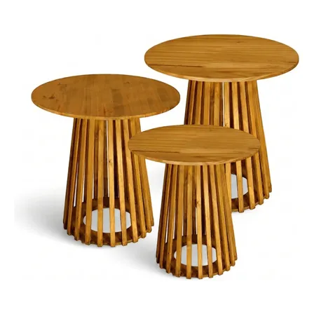 Trio De Mesas Cone Ripada Madeira Decoração Casamentos Pinus Mel