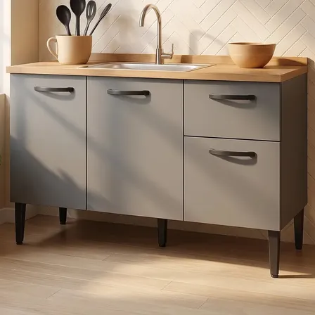 Gabinete de Pia 1,20 Balcão de Cozinha Multiuso 3 Portas Armário de Pia Armário de Cozinha 120x80x52cm Organizador para Pia Cor Branco Ideal para cozinha compacta e área de serviço Porta Panela Cinza