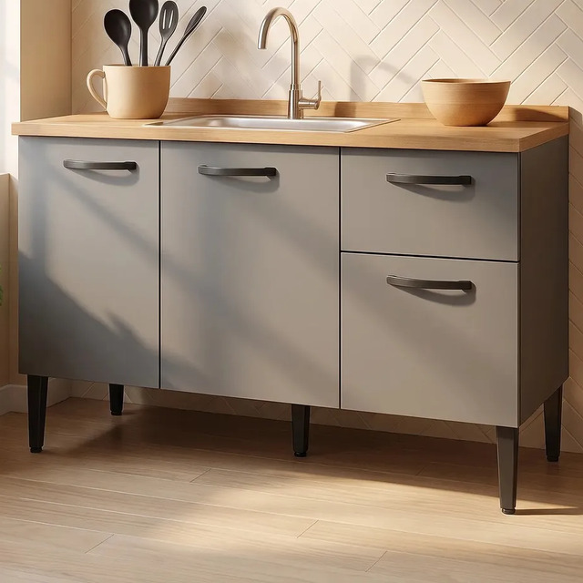 Balcão de cozinha cinza de 1,20m com três portas, duas gavetas, tampo de madeira e pia de inox, posicionado ao lado de uma janela e uma planta em um vaso.