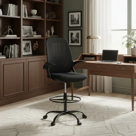 Cadeira De Escritório Ergonômica Caixa Alta Executiva Banqueta Secretaria Consultório Braços Dobráveis Anel De Apoio Para Pés Ajustável Bq01 Suporte Lombar Dentista Cor preta luvinco