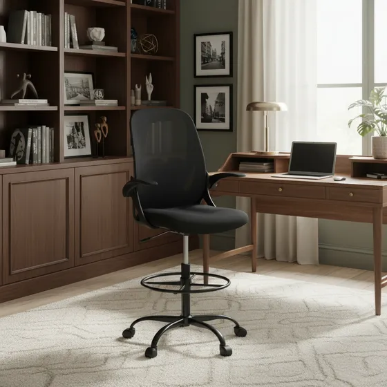 Cadeira De Escritório Ergonômica Caixa Alta Executiva Banqueta Secretaria Consultório Braços Dobráveis Anel De Apoio Para Pés Ajustável Bq01 Suporte Lombar Dentista Cor preta luvinco
