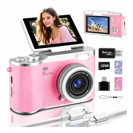 Câmera Digital Retro CCD 4K Com 180° Tela Flip, Camera Fotografica Digital Recarregável 800mAh, 48MP, 1080P, Flash, 8X Zoom, Com Cartão 32GB, Camera Portatil Rosa Para Vlog Selfie Iniciantes Crianças