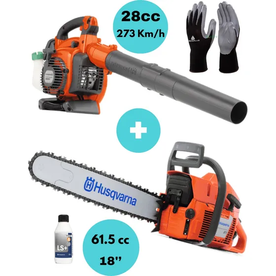 Combo Husqvarna Soplador 125bvx + Motosierra 61+ Guantes