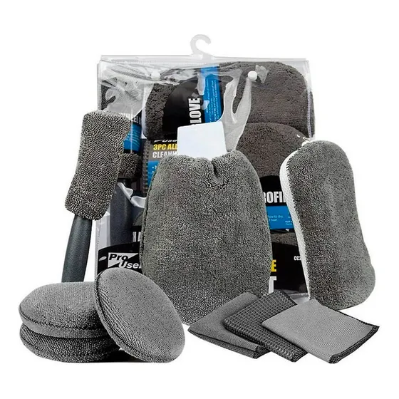Kit 9 Piezas De Microfibra Para Lavado De Auto IGAD 3 Paños Multiusos, 3 Almohadillas Para Pulir, 1 Guante, 1 Esponja 2 En 1 Y Cepillo Para Ruedas