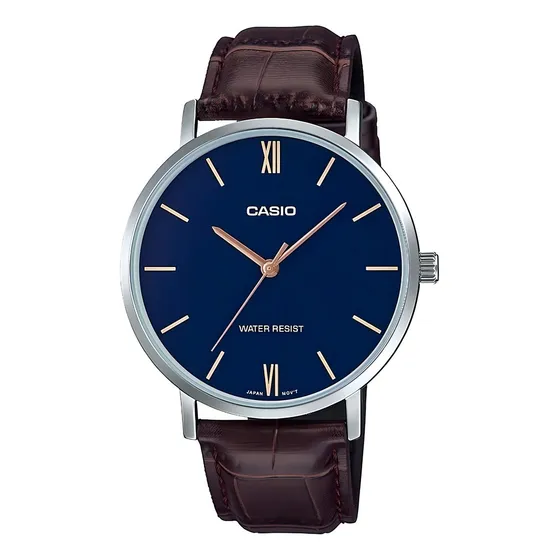 Reloj pulsera Casio MTP-VT01 con correa de cuero color marrón - fondo azul - bisel plateado