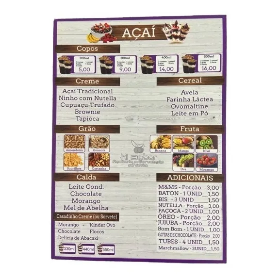 Cardápio Restaurante, Açaí E Sorveteria  Em Ps Impressão Uv