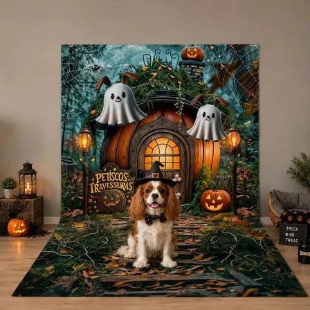 Fundo Fotográfico Pet Shop Halloween Decoração Dia das Bruxas Painel de Fotos Pet Shop Cenário Fotográfico Em Tecido Sublimado Tamanho 1,20x1,70m