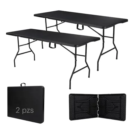 2 Mesas Plegables Plástico Tipo Portafolio 1.80m Jardín Negro