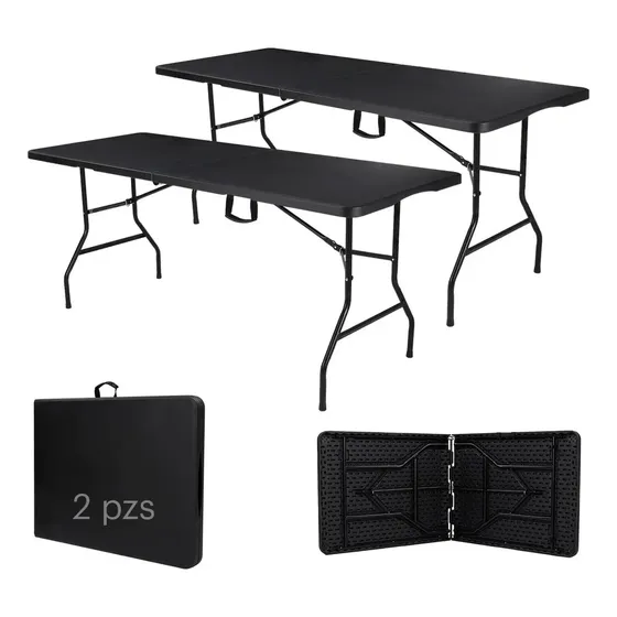 2 Mesas Plegables Plástico Tipo Portafolio 1.80m Jardín Negro