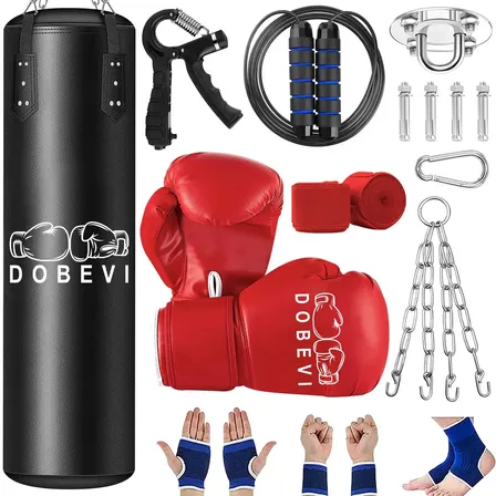 Saco de pancada profissional 120cm, kit completo com luvas de boxe vermelhas, corda de pular, apertador de mão e tornozeleiras, saco cor preta