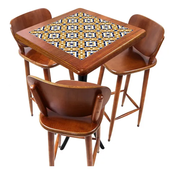 Mesa Madeira Alta Azulejo 3 Banquetas P/ Bar Mesa De Canto Cor Madeira Natural Decora Desenho Do Tecido Das Cadeiras