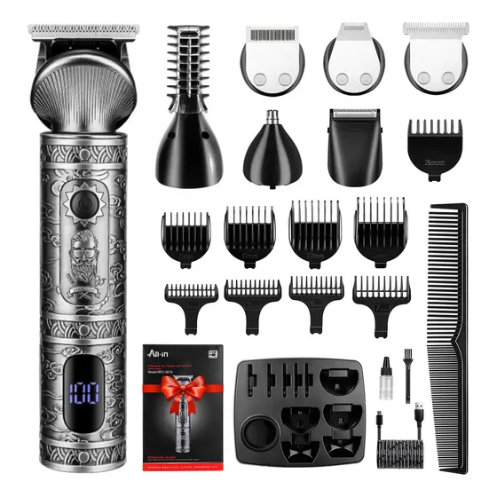 All-in® Rasuradora Electrica Afeitadora Barba Profesional Cortadora De Pelo Recargable Shaver Cabello Nariz Cuerpo Kit 7 En 1 Con Base Hombre Regalo Sv-743 Plateada