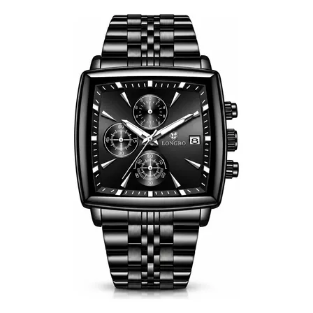 Relógio Masculino Longbo Quadrado Aço Inox Quartz 3atm Preto