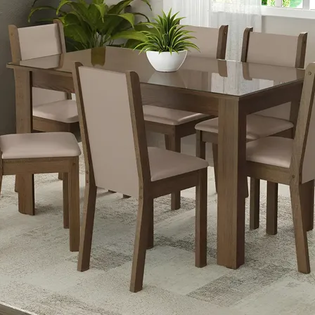 Sala Jantar Mesa Tampo Vidro 6 Cadeiras Heloísa Madesa Cor Rustic/crema/bege Desenho Do Tecido Das Cadeiras Liso