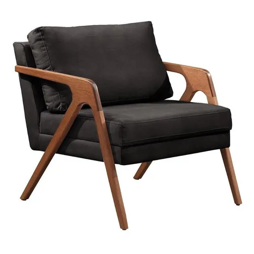 Poltrona Decorativa Mona Luxo Madeira Maciça Desenho do tecido Corino Preto