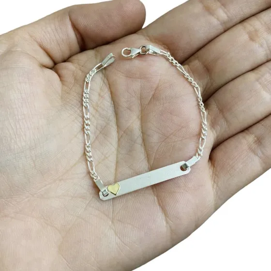 Pulsera Identidad Plata 925 Y Oro Corazón Con Grabado