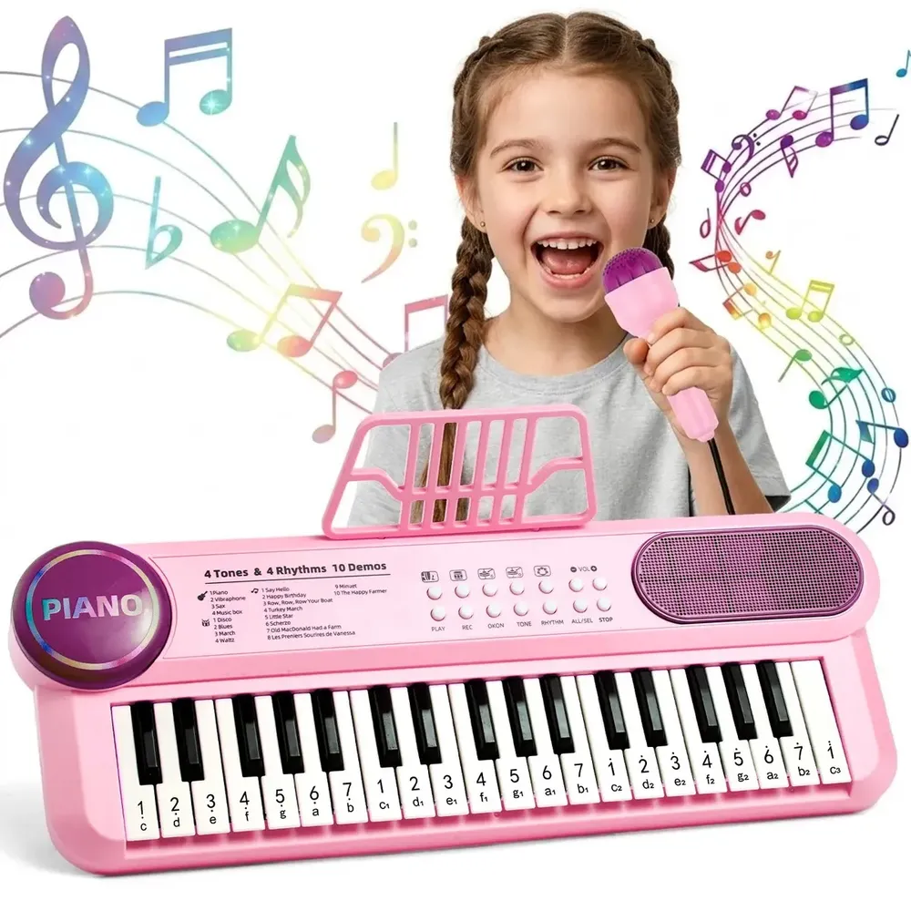 Teclado 37 Teclas BrincaMundo Com Microfone Karaokê Brinquedo Crianças Musical Educativo Piano Rosa