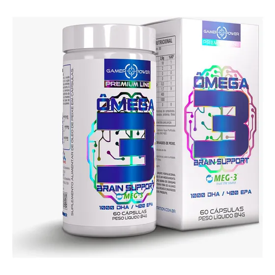 Ômega 3 BRAIN SUPPORT - Dha Concentrado 1000Mg / Epa 400mg - Nootrópicos Brain Up Booster - Sabor Neutro 60 caps - certificado Meg 3 - Gamer Power Nutrition