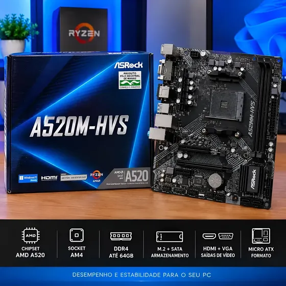 Placa Mãe Asrock A520m-hvs Amd Am4 Ddr4 Micro Atx