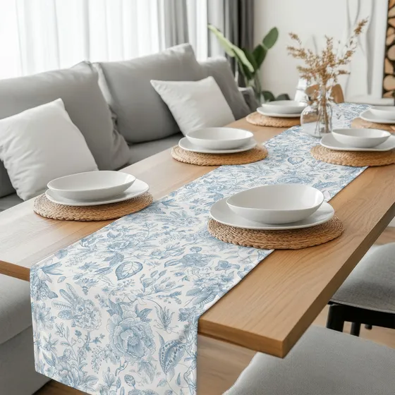 Camino De Mesa Azul Floral Vintage Boda Elegante 180x35cm Color Tela Lino Curri Campo Azul