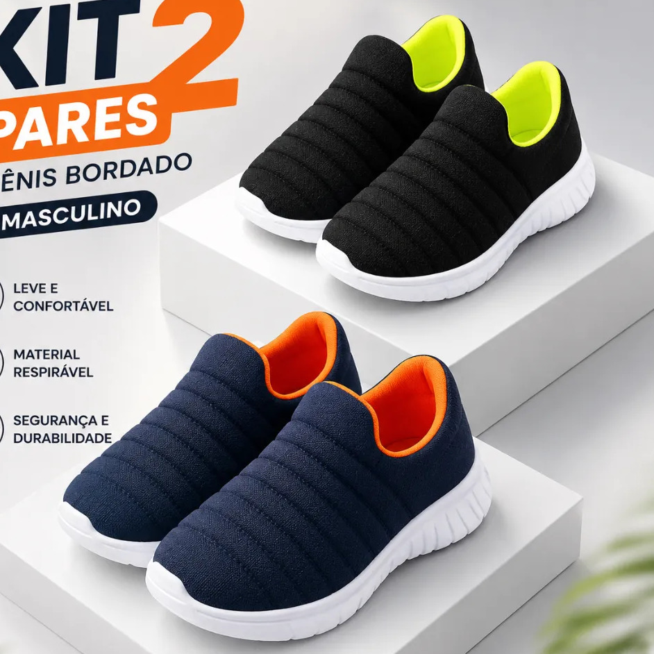Kit 2 Pares Tênis Infantil Bordado Confortável Calce Facil Azul/laranja Preto/verde Liso 27 Br