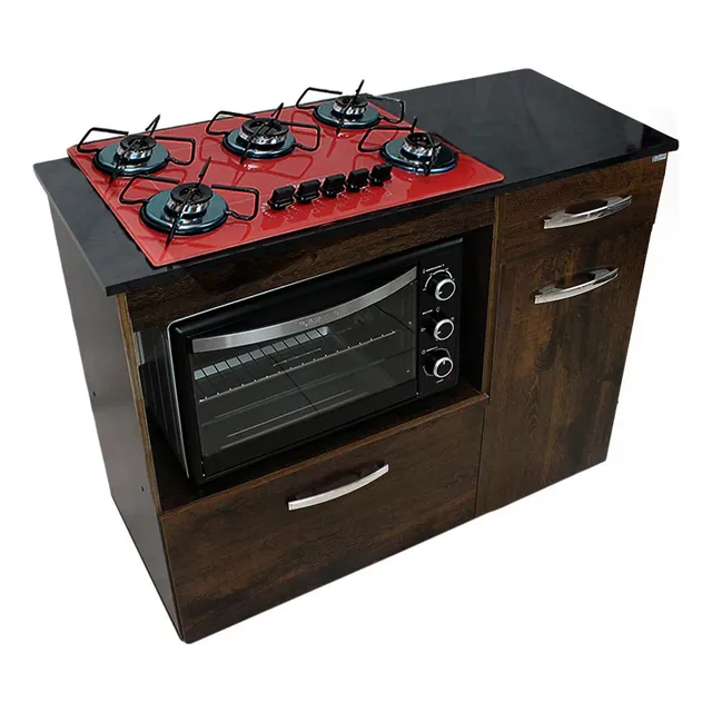 Kit Balcão Violeta Ipê + Cooktop Vermelho 5 Bocas E Forno 60