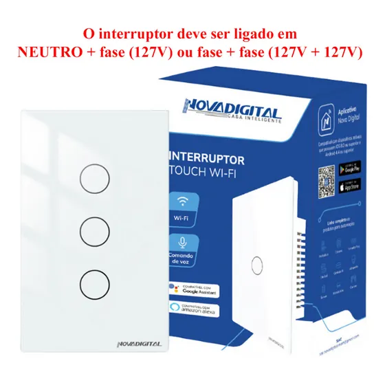 Interruptor Inteligente Wifi NovaDigital 3 Botões Teclas Touch Tuya Smart Life Alexa Google 127/220V Branco
