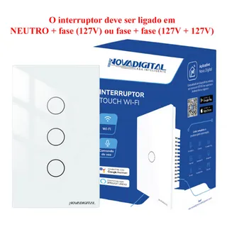 Interruptor Inteligente Wifi Novadigital 3 BotÔes Teclas Touch Tuya Smart Life Alexa Google 127/220v Branco Interruptor Inteligente Wifi Novadigital 3 BotÔes Teclas Touch Tuya Smart Life Alexa Google 127/220v Branco