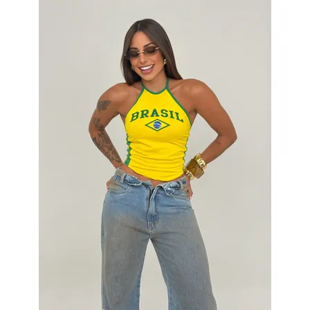 Cropped Feminino Edição Brasil Frente Única Amarração Amarelo Lisa Único