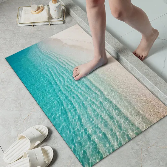 Alfombra Baño Delgada: Fina Color Verde Azulado Secado Agua