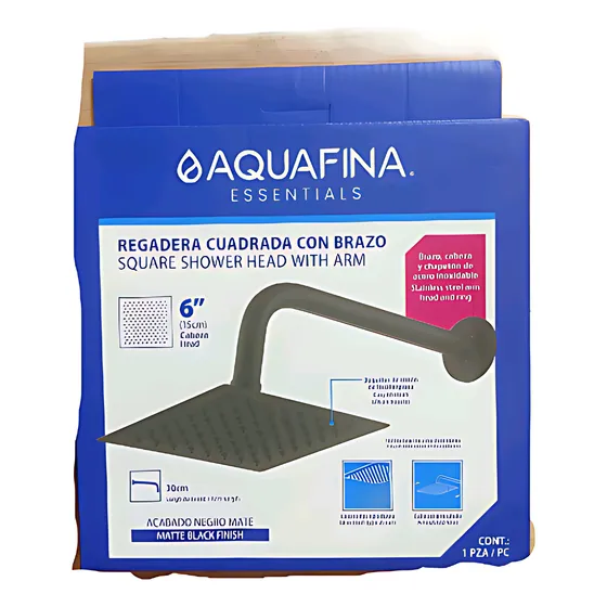 Regadera Cuadrada 6  Plana Con Brazo Negra Aquafina A-shs6-3