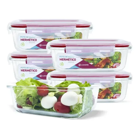Conjunto 5 Pote Vidro Hermética Mantimentos Tampa 640ml