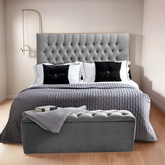 Cama Doble Cabecero Paris Puff Baul, Gris Plata