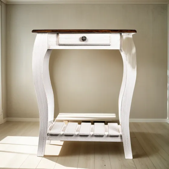 Mesa De Arrime Tipo Provenzal Blanca Con Tapa Color Caoba