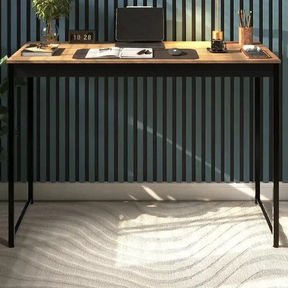 Escrivaninha Mesa Industrial Amadeirada Lamina Com Preto Home Office Computador Moderna Minimalista Compacta Escritório Estudo Resistente