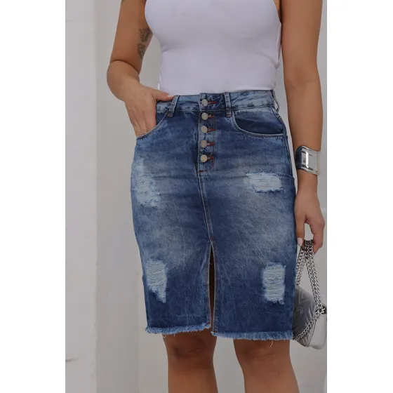 Saia Jeans Midi Botões Destroyed Despojada Estilosa Casual